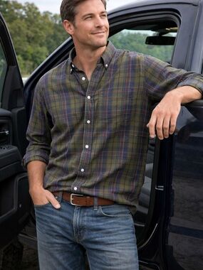 Classic Olive Orvis Plaid Button-Down Shirt for Men